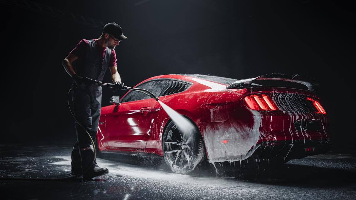 Mustang receiving its maintenance wash.